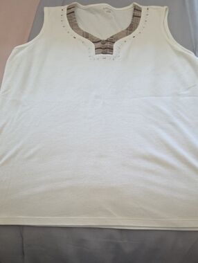 Allison Daley Ivory Sleeveless Knit Tank with Plaid Trim